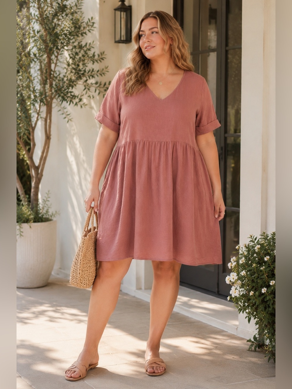ENTRO Dusty Rose Boho Babydoll Swing Dress Curvy NWT